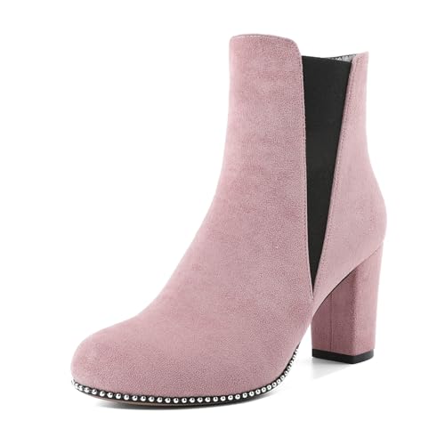 Elashe Damen Chelsea Boots mit Blockabsatz Frauen Stiefel Runde Zehen Stiefeletten Wildleder Schuhe 8.5CM Rosa EU40 von Elashe
