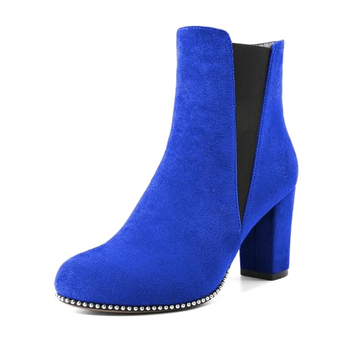 Elashe Damen Chelsea Boots mit Blockabsatz Frauen Stiefel Runde Zehen Stiefeletten Wildleder Schuhe 8.5CM Royalblau EU36 von Elashe