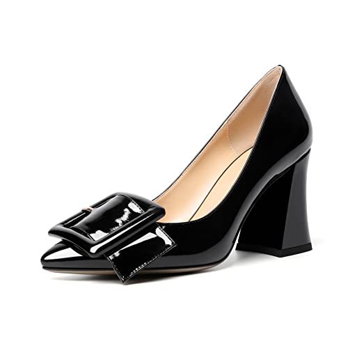 Elashe Damen Chunky Blockabsatz Spitze Zehenkappe Slip-on Pumps Klassisch Dress Büroschuhe 8.5 cm High Heels Schuhe mit Schnallenschleife Schwarz EU43 von Elashe