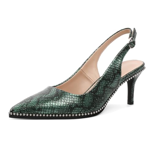 Elashe Damen Ganztags Elegante Slingback Pumps 6,5 cm Niedrigabsatz Mittelabsatz Perlen Patentleder Spitzzahn mit Schnallenverschluss Grüne Schlange EU41 von Elashe