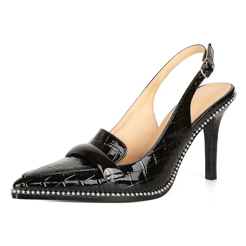 Elashe Damen Ganztags Elegante Stiletto Absatz Pumps 9 cm Hoher Absatz Slingback mit Perlen T Riemen Spitzzahn Patentleder für Hochzeit Party Arbeit Krokodil Schwarz EU42 von Elashe