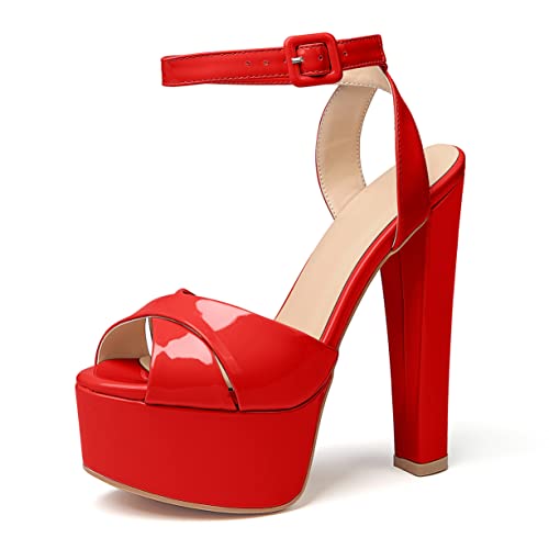 Elashe Damen High Heels Sandalen Peeptoe Pumps Plateau Abendschuhe Rot EU43 von Elashe