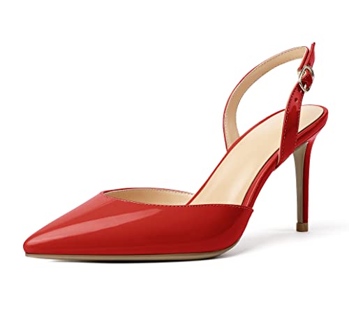 Elashe Damen High Heels Slingback Spitze Zehen Stiletto Heel Pumps D'Orsay Absatzschuhe Lackleder Rot EU37 von Elashe