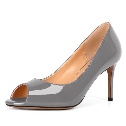 Elashe Damen Hochzeitsbräute Essenz Pumps 8 cm Stiletto Absatz Slip On mit Peep Toe Charme für Feste Büro & Besondere Anlässe Grau EU39 von Elashe