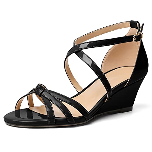 Elashe Damen Keilabsatz Pumps Open Toe Cross Strap Wedges Heels Sandalen mit Knöchelriemen Schwarz EU42 von Elashe