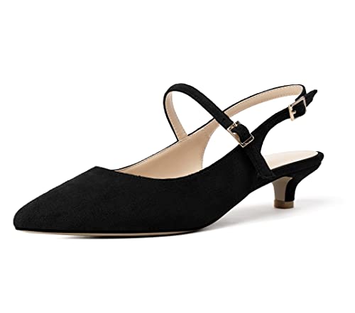 Elashe Damen Kitten Heels Low Heel Spitze Pumps Slingback Sandaletten 3.5CM Elegant Abendschuhe Wildleder Schwarz EU39 von Elashe