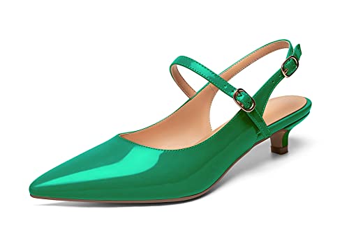 Elashe Damen Kitten Heels Pumps Spitze Zehen Slingback Sandaletten 1.4'' Mary Jane Abendschuhe Lack Grün EU40 von Elashe