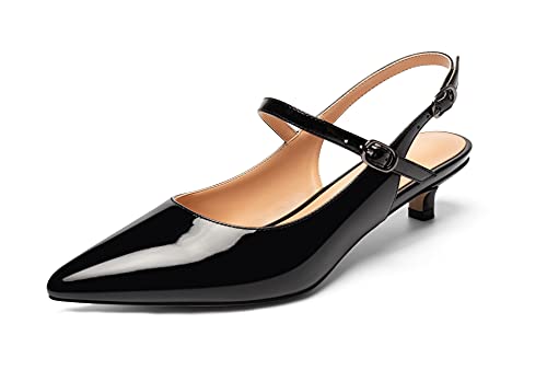 Elashe Damen Kitten Heels Pumps Spitze Zehen Slingback Sandaletten 1.4'' Niedriger Absatz Partyschuhe Lack Schwarz EU40 von Elashe