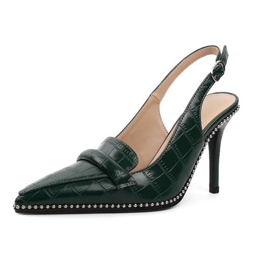 Elashe Damen Klassische Spitzzahn Stiletto Absatz Slingback 9 cm Hoher Absatz Pumps Perlen Patentleder Elegant für Hochzeit Party Arbeit Krokodil Grün EU38 von Elashe