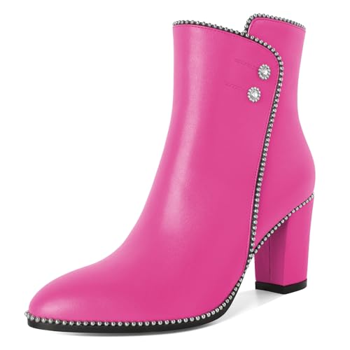 Elashe Damen Knopfdekoration Blockabsatz 8 CM High Heels Runde Zehenkappe Stiefelette Reissverschluss Heißes Rosa EU40 von Elashe