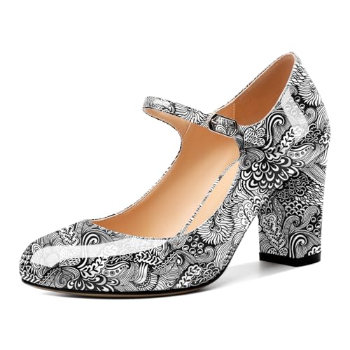 Elashe Damen Mary Jane Schuh Chunky Blockabsatz Runde Zehenkappe Pumps mit Verstellbarer Schnalle 8.5 cm High Heels Schuhe Blume Weiß EU39 von Elashe