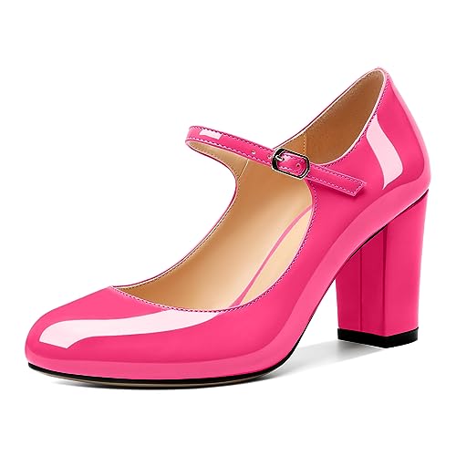 Elashe Damen Mary Jane Schuh Chunky Blockabsatz Runde Zehenkappe Pumps mit Verstellbarer Schnalle 8.5 cm High Heels Schuhe Heißes Rosa EU39 von Elashe