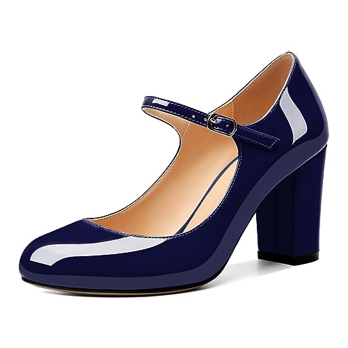 Elashe Damen Mary Jane Schuh Chunky Blockabsatz Runde Zehenkappe Pumps mit Verstellbarer Schnalle 8.5 cm High Heels Schuhe Marine EU39 von Elashe