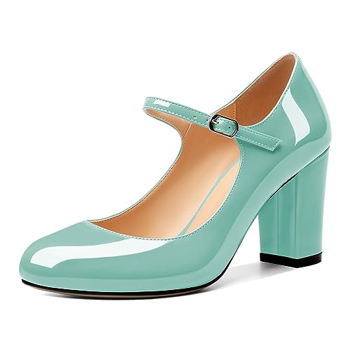 Elashe Damen Mary Jane Schuh Chunky Blockabsatz Runde Zehenkappe Pumps mit Verstellbarer Schnalle 8.5 cm High Heels Schuhe Mintgrün EU38 von Elashe