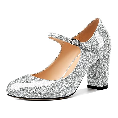 Elashe Damen Mary Jane Schuh Chunky Blockabsatz Runde Zehenkappe Pumps mit Verstellbarer Schnalle 8.5 cm High Heels Schuhe Silber EU45 von Elashe