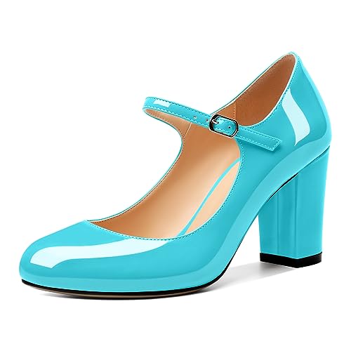 Elashe Damen Mary Jane Schuh Chunky Blockabsatz Runde Zehenkappe Pumps mit Verstellbarer Schnalle 8.5 cm High Heels Schuhe Türkis EU37 von Elashe