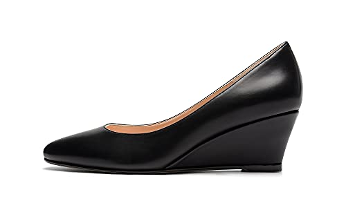 Elashe Damen Niedrig Keilabsatz Pumps Spitze Zehen Ohne Verschluss Schuhe Calf Mat SchwarzEU38 von Elashe