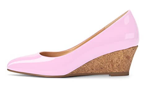 Elashe Damen Niedrig Keilabsatz Pumps Spitze Zehen Ohne Verschluss Schuhe Lackleder RosaEU45 von Elashe