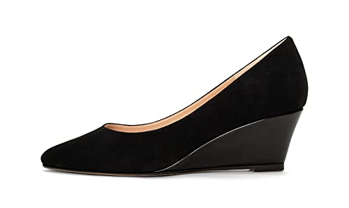 Elashe Damen Niedrig Keilabsatz Pumps Spitze Zehen Ohne Verschluss Schuhe Wildleder SchwarzEU38 von Elashe