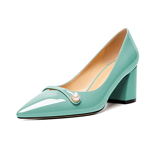 Elashe Damen Niedrige Blockabsätze Spitze Zehenkappe Slip-on Pumps Chunky Arbeit Pumps Bequeme Spitze Zehe Kleid Hochzeitsschuhe 6.5CM mit Perle Mintgrün EU40 von Elashe