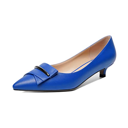 Elashe Damen Niedrige Kitten Absatz Heel Geschlossene Spitze Zehenkappe Slip on Pump Schnalle Schleife Hochzeitsschuhe 3.5CM Royalblau EU42 von Elashe