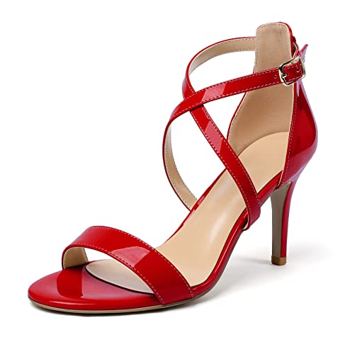 Elashe Damen Open toe Stiletto Heels High Heel Sandalen Knöchelriemchen Sandaletten Mode Rot EU44 von Elashe