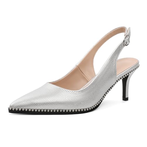 Elashe Damen Patentleder Slingback Pumps 6,5 cm Niedrigabsatz Mittelabsatz Perlen Spitzzahn & Schnallenriemen für Elegante Veranstaltungen Silber EU40 von Elashe
