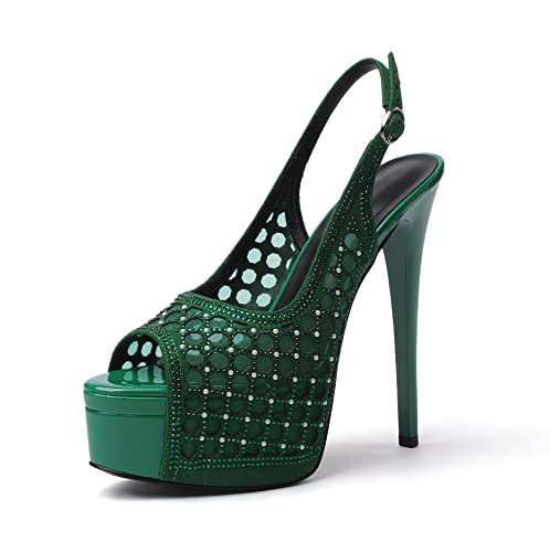 Elashe Damen Peeptoe High Heels Slingback Mesh Strass Stilettos Heels Plateau Absatzschuhe Grün EU37 von Elashe