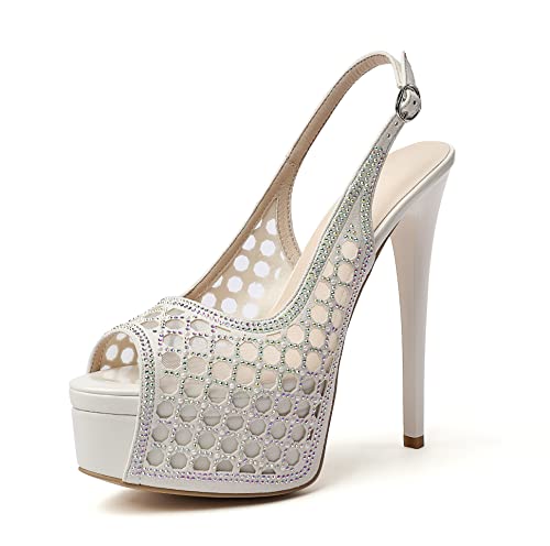 Elashe Damen Peeptoe High Heels Slingback Mesh Strass Stilettos Heels Plateau Absatzschuhe Weiß EU40 von Elashe