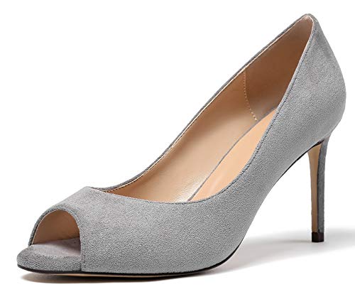 Elashe Damen Peeptoe Pumps | 8cm Stiletto High Heel | Bequeme Lack Stilettos graues Wildleder EU38 von Elashe