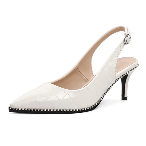 Elashe Damen Perlen Besatz Slingback Pumps 6,5 cm Niedrigabsatz Mittelabsatz Patentleder Spitzzahn & Schnalle für Elegante Anlässe Krokodil Weiß EU38 von Elashe