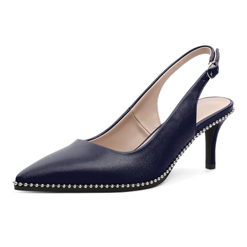 Elashe Damen Perlen Besatz Slingback Pumps 6,5 cm Niedrigabsatz Mittelabsatz Patentleder Spitzzahn & Schnalle für Elegante Anlässe Matte Marineblau EU38 von Elashe
