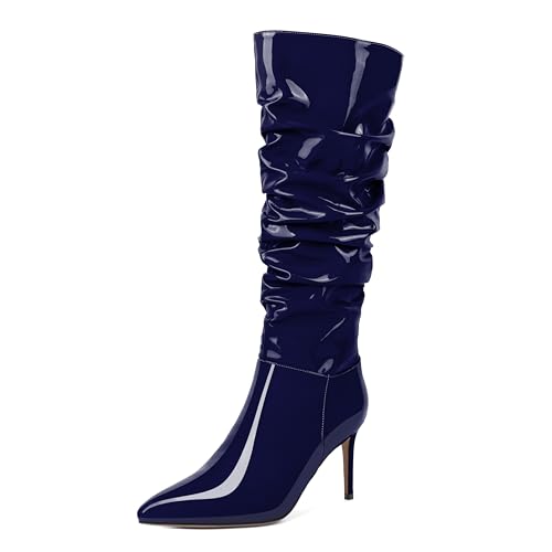 Elashe Damen Pfennigabsatz Kniestiefel Spitze Zehe Stiefel Seitenreißverschluss Stiefelette Navy Abschlussball Lack Boties 3.4Inch/8.5cm Größe EU40 von Elashe