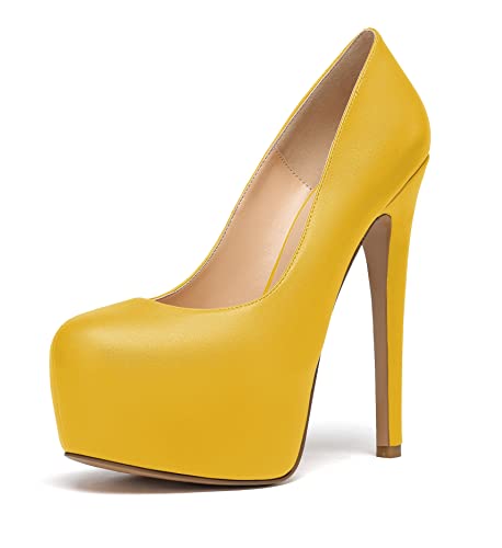 Elashe Damen Plateau High Heels, Runde Zehen 6" Pfennigabsatz, Klassische Slip on Damen-Heels formell Matt Gelb EU41 von Elashe