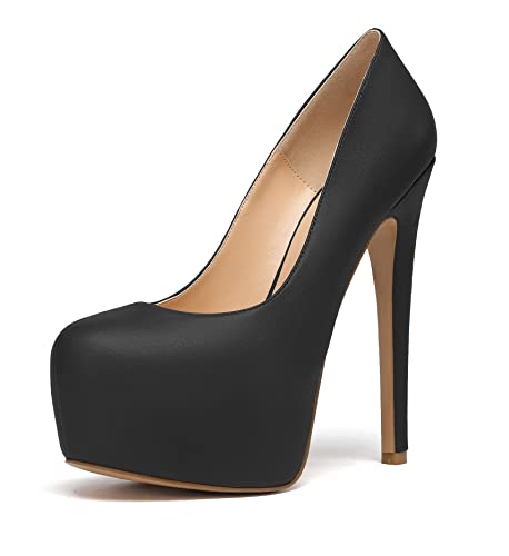 Elashe Damen Plateau High Heels, Runde Zehen 6" Pfennigabsatz, Klassische Slip on Damen-Heels formell Matt Schwarz EU39 von Elashe