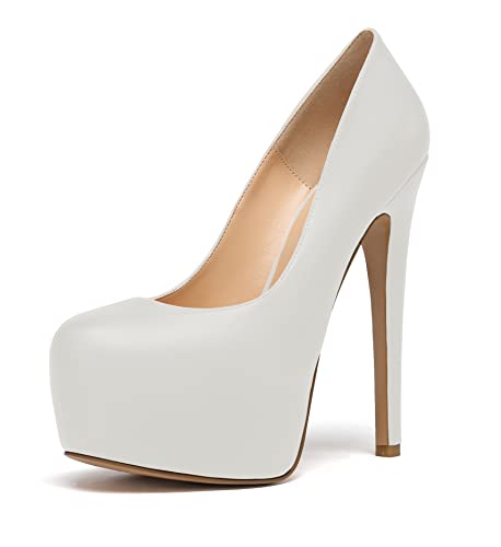 Elashe Damen Plateau High Heels, Runde Zehen 6" Pfennigabsatz, Klassische Slip on Damen-Heels formell Matt Weiß EU38 von Elashe
