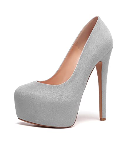 Elashe Damen Plateau High Heels, Runde Zehen 6" Pfennigabsatz, Klassische Slip on Damen-Heels formell Wildleder GrauEU37 von Elashe