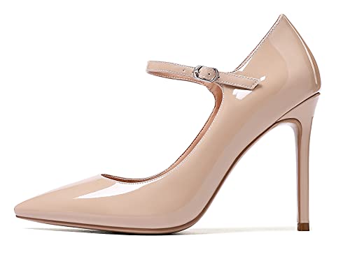 Elashe Damen-Pumps, Spitze Zehe Mary Jane Pfennigabsatz, Klassische Büro Hochzeit High Heels Beige EU37 von Elashe