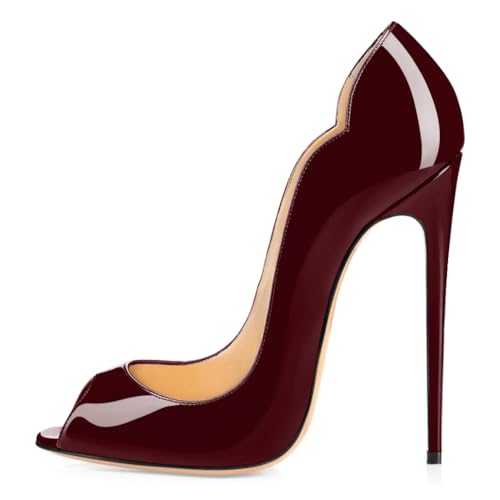 Elashe Damen Pumps 12 cm Stilettoabsatz Hochhackige Schuhe mit Peep Toe Offener Zehe für Hochzeits Party Büro Arbeits Kleidung und Moderne Abendpumps für Frauen Bordeaux EU42 von Elashe