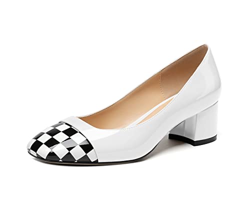 Elashe Damen Pumps Blockabsatz 5CM Quadratischer Zehen Schachbrett Schuhe Weiß EU39 von Elashe