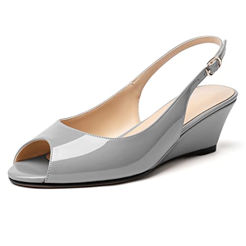 Elashe Damen Pumps Keilabsatz Peeptoe Mid Heels Slingback Bequeme Abendschuhe Grau EU35 von Elashe