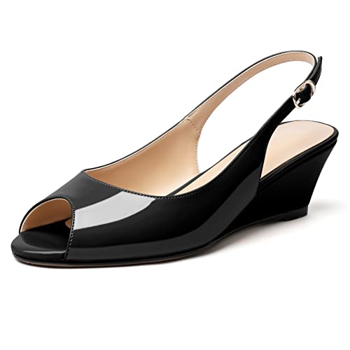 Elashe Damen Pumps Keilabsatz Peeptoe Mid Heels Slingback Bequeme Abendschuhe Schwarz EU38 von Elashe