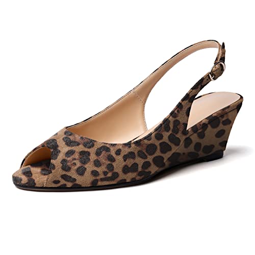 Elashe Damen Pumps Keilabsatz Peeptoes Slingback Wedge Heels Wildleder-Leopard EU37 von Elashe