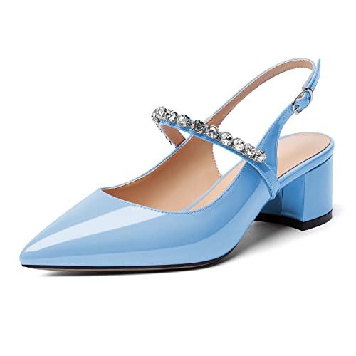 Elashe Damen Pumps Spitz 2'' Mary Jane Block Heels Kristall Abendschuhe Hellblau EU40 von Elashe