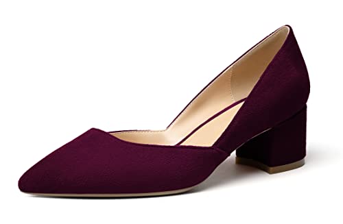 Elashe Damen Pumps Spitze Geschlossene Zehe Mode D'orsay Bequeme 5CM Blockabsatz Ohne Verschluss​Wildleder RotweinEU37 von Elashe