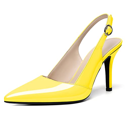 Elashe Damen Pumps Stiletto High Heels Spitze Zehen Absatz Slingback Sandalen Sexy Schnalle Heels Knöchelriemchen Schuhe 9CM Damen Abendschuhe Gelb EU38 von Elashe