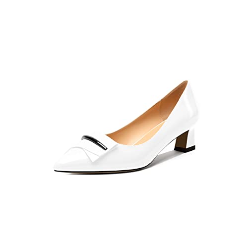 Elashe Damen Pumps mit Kitten Heel Niedrige Absatz Geschlossen Spitze Zehen Heels Slip on Pumps Schnalle Schleife Abendschuhe für Hochzeit Party Abend 5CM Weiß EU40 von Elashe