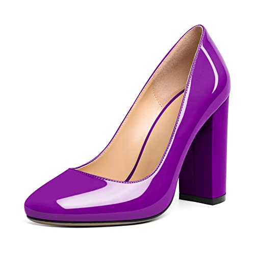 Elashe Damen Runde Zehe 10 cm Blockabsatz Slip-On Pumps Mattleder Perfekt für Hochzeiten Gala Casual Arbeit Klassische Damen High Heels Lackviolett EU44 von Elashe