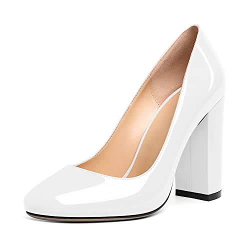 Elashe Damen Runde Zehe 10 cm Blockabsatz Slip-On Pumps Mattleder Perfekt für Hochzeiten Gala Casual Arbeit Klassische Damen High Heels Lackweiß EU44 von Elashe