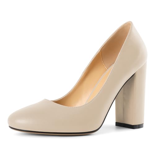 Elashe Damen Runde Zehe 10 cm Blockabsatz Slip-On Pumps Mattleder Perfekt für Hochzeiten Gala Casual Arbeit Klassische Damen High Heels Mattbeige EU44 von Elashe